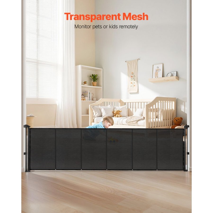 VEVOR Retractable Baby Gate, 870 mm Tall, Extends up to 2800 mm Wide, Retractable Gate for Kids or Pets, Mesh Material, Easy to Install for Indoor Stairs, Doorways, Hallways, Playrooms, Black