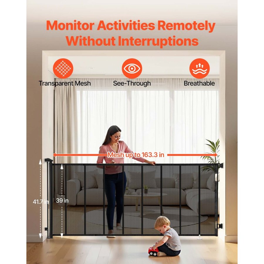 VEVOR Retractable Baby Gate, Extends to 4150 mm Extra Wide, 990 mm Tall, with Reinforced Fiberglass Strips, Avoids Crawling Through, Mesh Dog Gate for Decks, Doorways, Garages, Indoor, Black