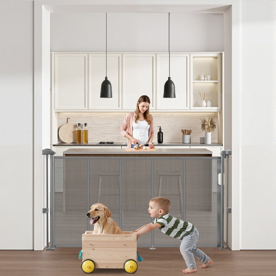 VEVOR Retractable Baby Gate, 870 mm Tall, Extends up to 1400 mm Wide, Retractable Gate for Kids or Pets, Mesh Material, Easy to Install for Indoor Stairs, Doorways, Hallways, Playrooms, Gray