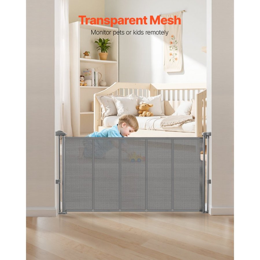 VEVOR Retractable Baby Gate, 870 mm Tall, Extends up to 1400 mm Wide, Retractable Gate for Kids or Pets, Mesh Material, Easy to Install for Indoor Stairs, Doorways, Hallways, Playrooms, Gray
