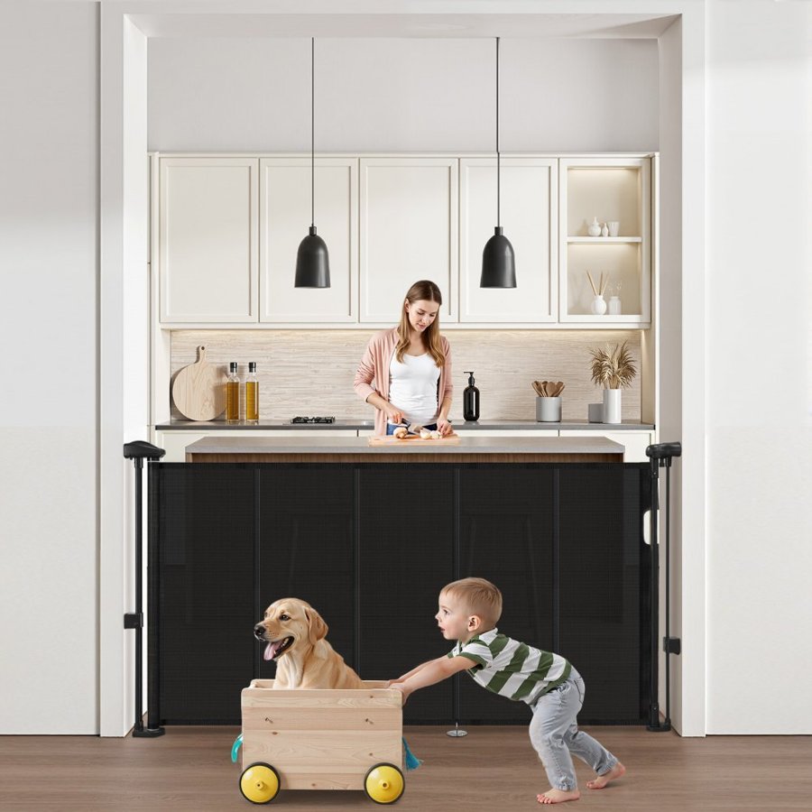 VEVOR Retractable Baby Gate, 870 mm Tall, Extends up to 1400 mm Wide, Retractable Gate for Kids or Pets, Mesh Material, Easy to Install for Indoor Stairs, Doorways, Hallways, Playrooms, Black