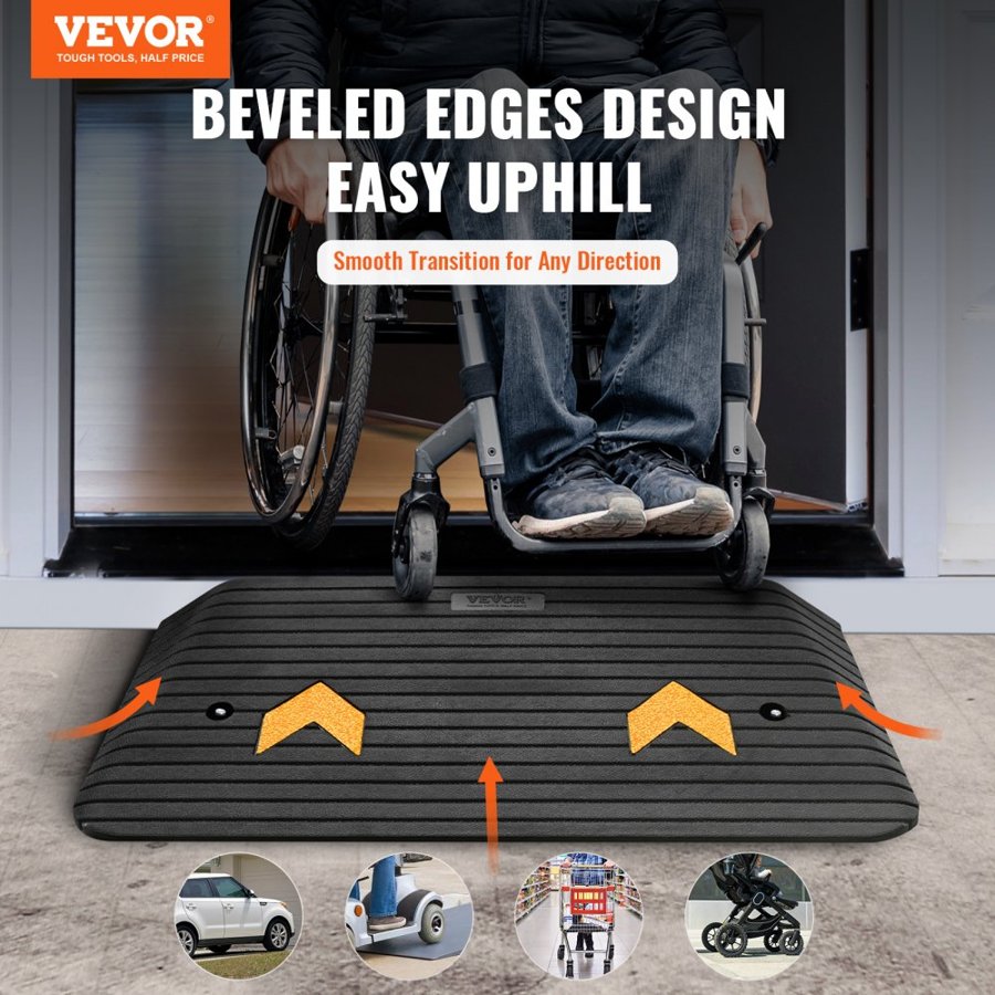 VEVOR Upgraded Rubber Threshold Ramp, 7.6 cm Rise Door Ramp with 1 Channel, Natural Rubber Car Ramp with Non-Slip Textured Surface, 15000 kg Load Capacity Curb Ramp for Wheelchair and Scooter