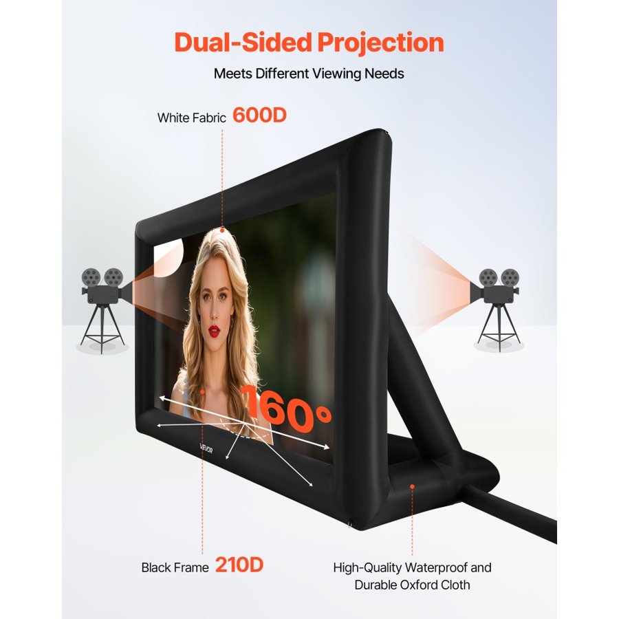 VEVOR 16 ft Inflatable Movie Screen, 600D Washable Inflatable Projection Screen with Portable Storage Bag, Easy Set Up 16:9 Movie Projector for Outdoor Backyard, Home Theater, Theme Party, Pool Fun