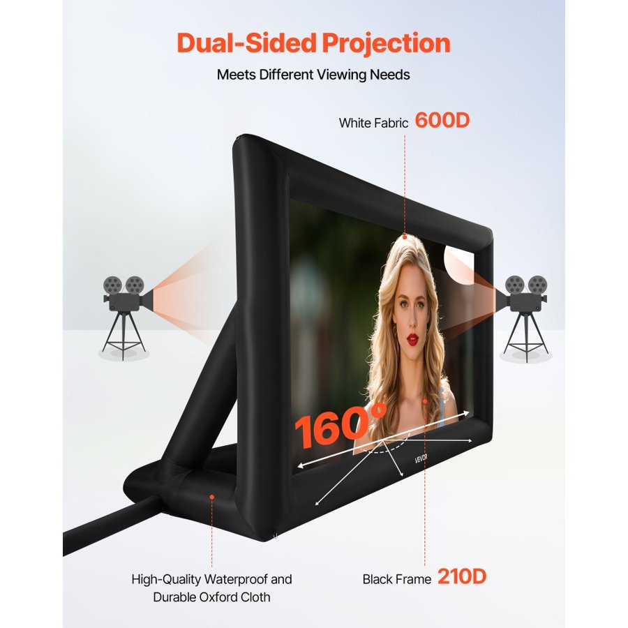 VEVOR 20 ft Inflatable Movie Screen, 600D Washable Inflatable Projection Screen with Portable Storage Bag, Easy Set Up 16:9 Movie Projector for Outdoor Backyard, Home Theater, Theme Party, Pool Fun