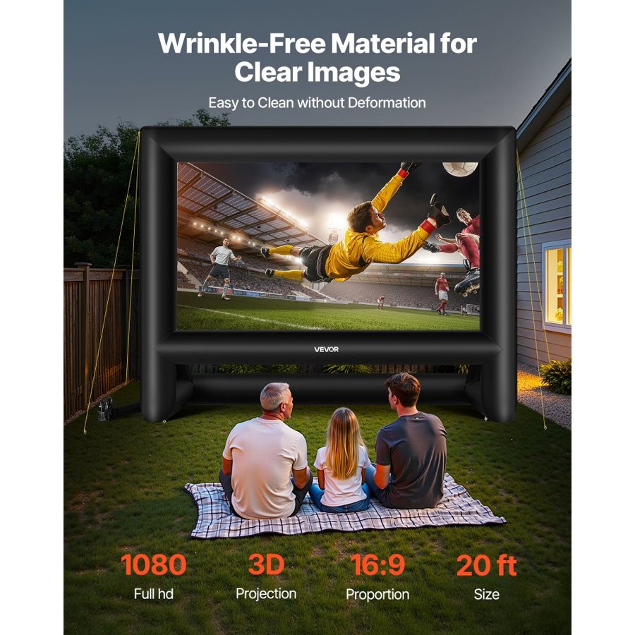 VEVOR 20 ft Inflatable Movie Screen, 600D Washable Inflatable Projector Screen with Portable Storage Bag, 16:9 Easy Set Up Movie Projection for Outdoor Backyard, Home Theater, Theme Party, Pool Fun