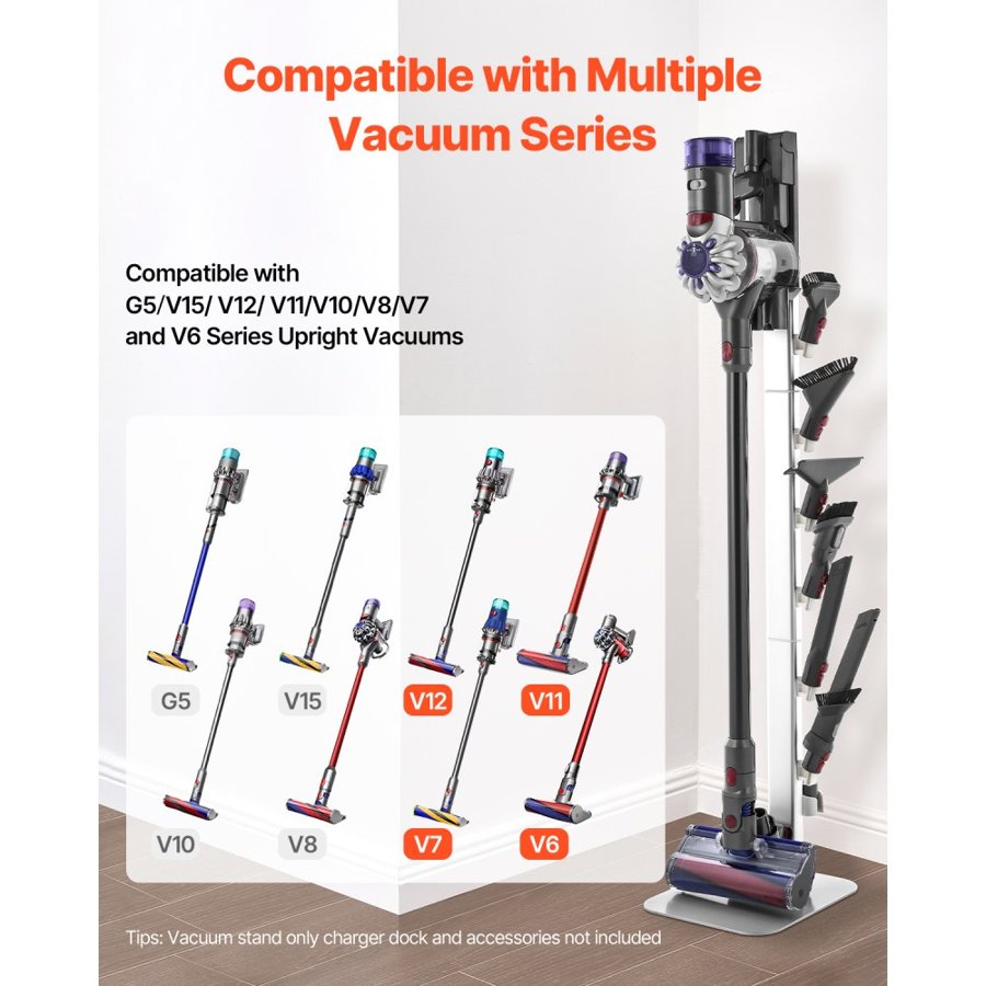 VEVOR Vacuum Stand, Compatible with Dyson G5 V15 V12 V11 V10 V8 V7 V6 Series Upright Vacuums Cleaners & Accessories, Stable Vacuum Stand Holder with 6 Hooks and Non-slip Footpads, Gray