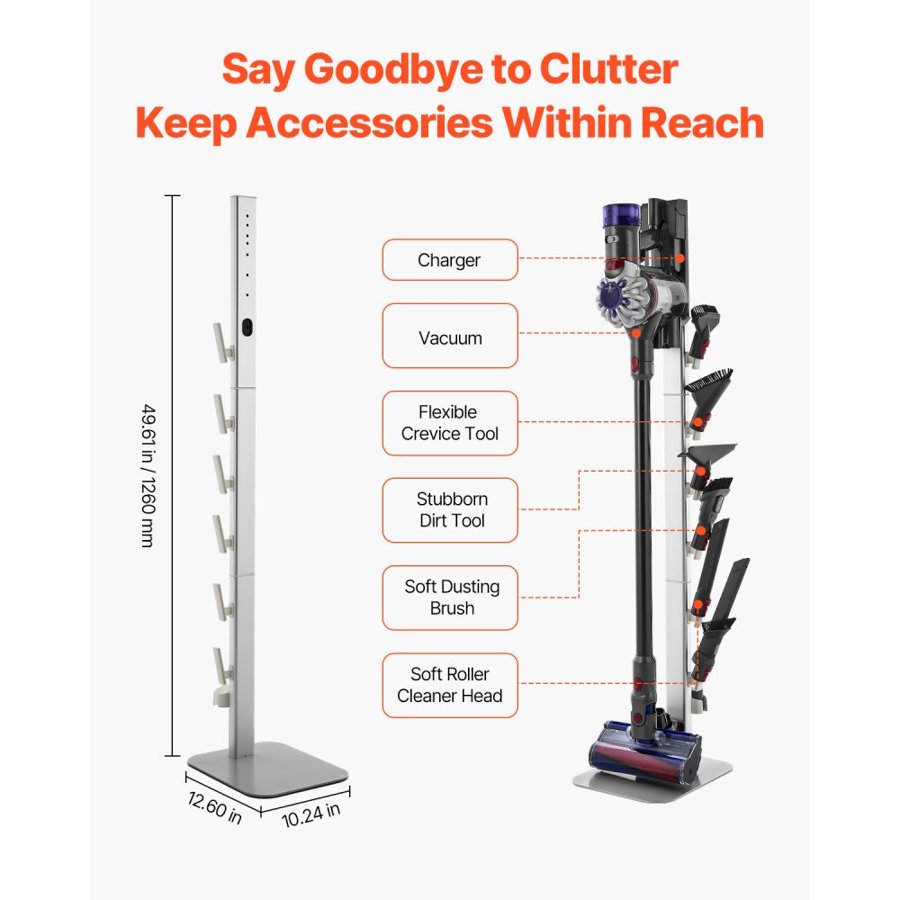 VEVOR Vacuum Stand, Compatible with Dyson G5 V15 V12 V11 V10 V8 V7 V6 Series Upright Vacuums Cleaners & Accessories, Stable Vacuum Stand Holder with 6 Hooks and Non-slip Footpads, Gray