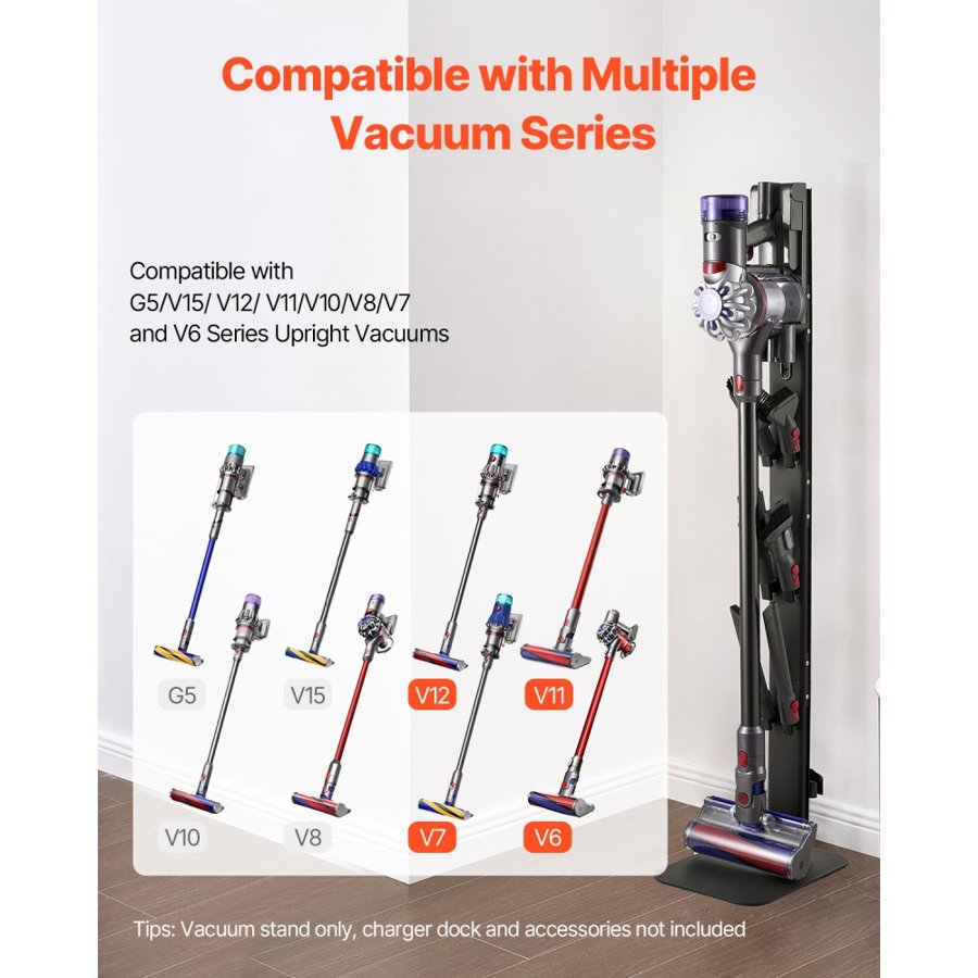 VEVOR Vacuum Stand, Compatible with Dyson G5 V15 V12 V11 V10 V8 V7 V6 Series Upright Vacuums Cleaners & Accessories, Stable Vacuum Stand Holder with 6 Hooks and Non-slip Footpads, Black