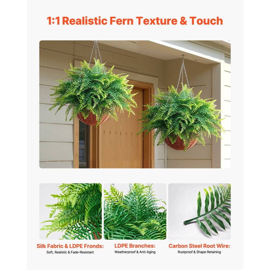 VEVOR Artificial Ferns, 2 Pcs Fake Hanging Boston Fern Bush Plant with 584 mm Hanging Length, Plastic Faux Greenery for Indoor and Outdoor Decor, For Wall, Wedding Party, Home, Porch Garden, Office