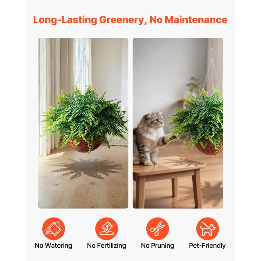 VEVOR Artificial Ferns, 2 Pcs Fake Hanging Boston Fern Bush Plant with 584 mm Hanging Length, Plastic Faux Greenery for Indoor and Outdoor Decor, For Wall, Wedding Party, Home, Porch Garden, Office