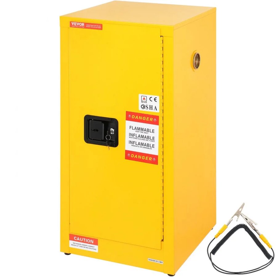 VEVOR Flammable Safety Cabinet, 60 L, Cold-Rolled Steel Flammable Liquid Storage Cabinet, 46 x 46 x 90 cm Explosion Proof with 2 Adjustable Shelves 1 Door for Commercial Industrial Use, Yellow