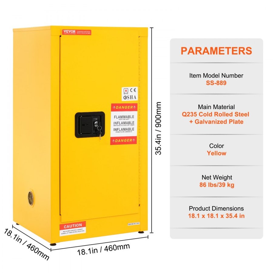 VEVOR Flammable Safety Cabinet, 60 L, Cold-Rolled Steel Flammable Liquid Storage Cabinet, 46 x 46 x 90 cm Explosion Proof with 2 Adjustable Shelves 1 Door for Commercial Industrial Use, Yellow