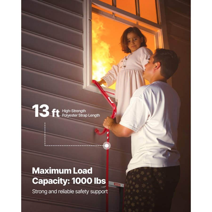 VEVOR Fire Escape Ladder, 2-Story 4m Retractable Emergency Fire Ladder, Lightweight Aluminum Alloy Safety Escape Ladders with Sturdy Polyester Strap, Anti-Slip Rungs & Wide Steps, 453KG Max. Loading