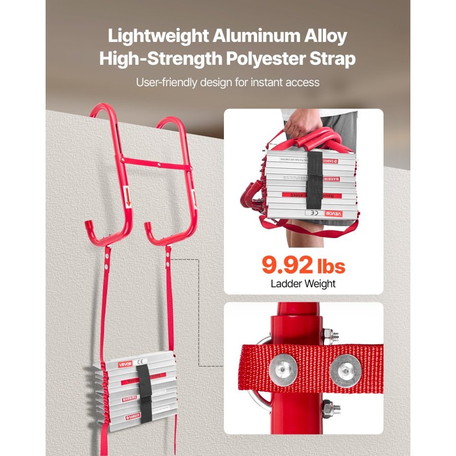 VEVOR Fire Escape Ladder, 2-Story 4m Retractable Emergency Fire Ladder, Lightweight Aluminum Alloy Safety Escape Ladders with Sturdy Polyester Strap, Anti-Slip Rungs & Wide Steps, 453KG Max. Loading
