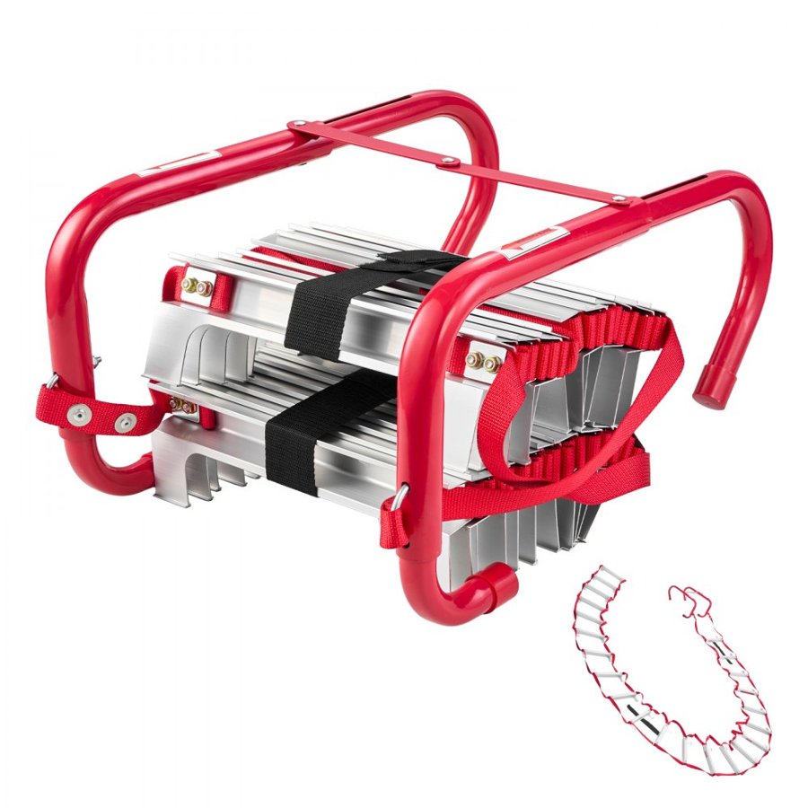 VEVOR Fire Escape Ladder, 3-Story 7.62m Retractable Emergency Fire Ladder, Lightweight Aluminum Alloy Safety Escape Ladders with Sturdy Polyester Strap, Anti-Slip Rung & Wide Steps, 453KG Max Loading
