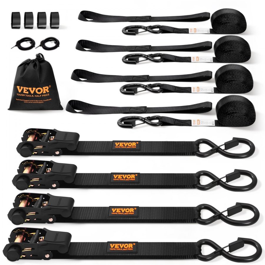VEVOR Ratchet Tie Down Straps (4PK), 2200 lb Max Break Strength, Includes 4 Premium 1" x 15' Rachet Tie Downs with Padded Handles, for Moving Securing Cargo, Appliances, Lawn Equipment, Motorcycle