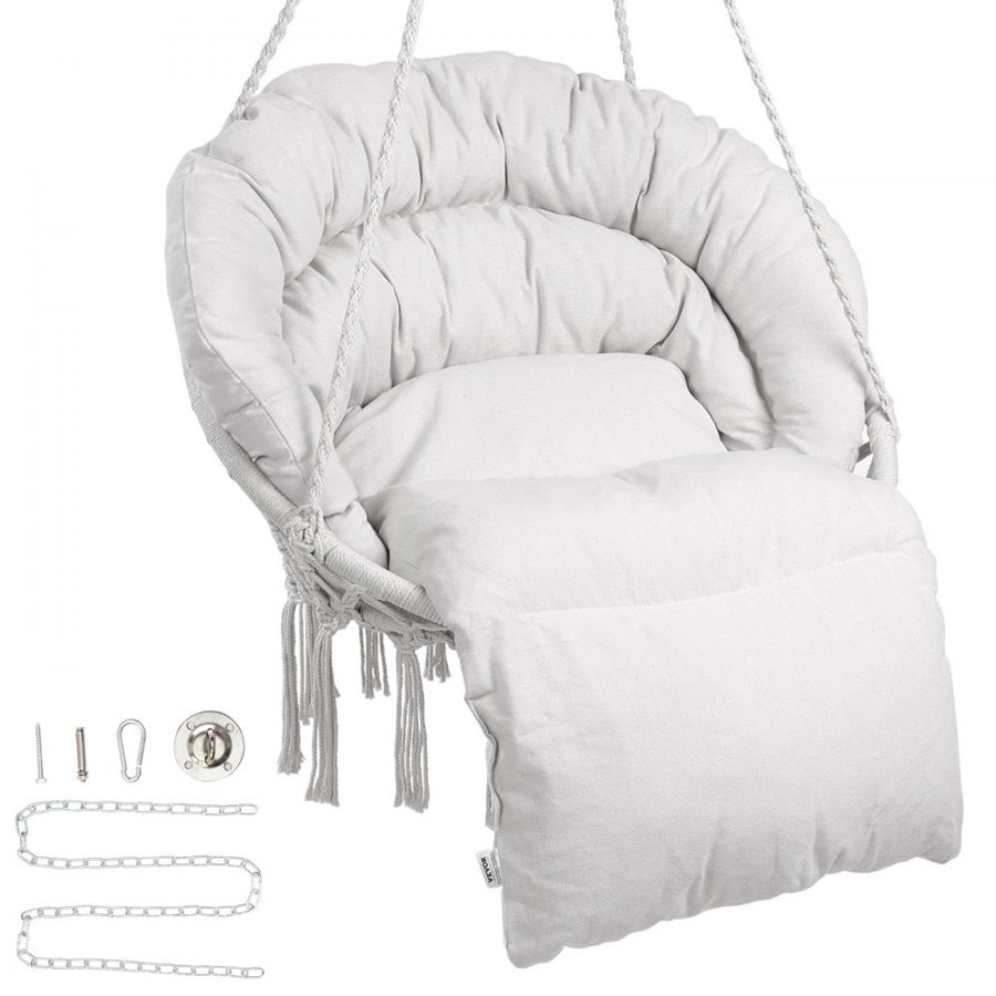 VEVOR Hanging Hammock Swing Chair, 330 Lbs Capacity, Macramé Hanging Chair with Cushion and Mounting Hardware, Cotton Rope Swing Chair for Bedroom, Balcony, Patio, Garden, Beige