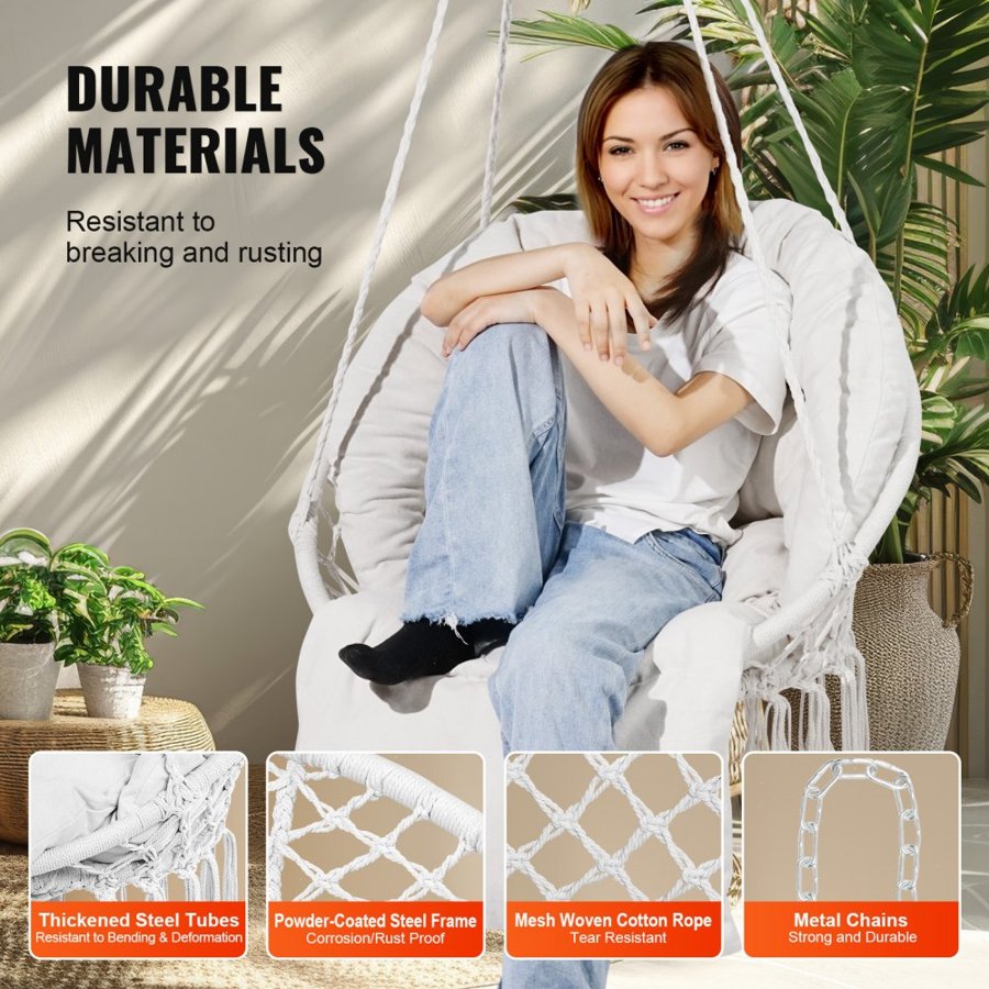 VEVOR Hanging Hammock Swing Chair, 330 Lbs Capacity, Macramé Hanging Chair with Cushion and Mounting Hardware, Cotton Rope Swing Chair for Bedroom, Balcony, Patio, Garden, Beige