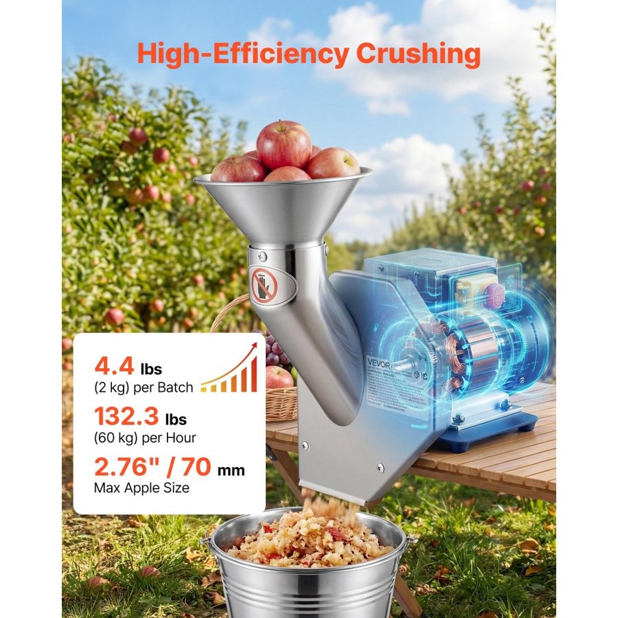 VEVOR Electric Apple Crusher – 550W, 60 KG/H, SUS304