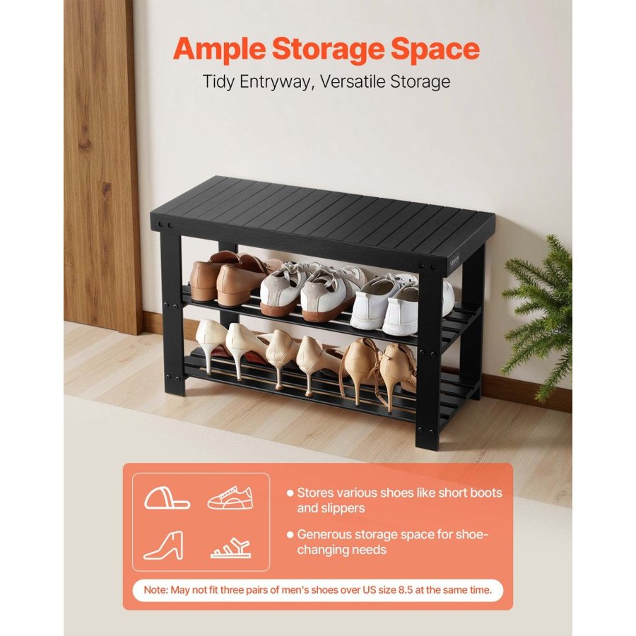 VEVOR Shoe Rack Bench, 3-Tier Bamboo Entryway Bench, Shoe Storage Organizer Holds Up to 286 lbs, 703 x 288 x 451 mm, for Front Door, Hallway, Living Room, Bedroom, Black