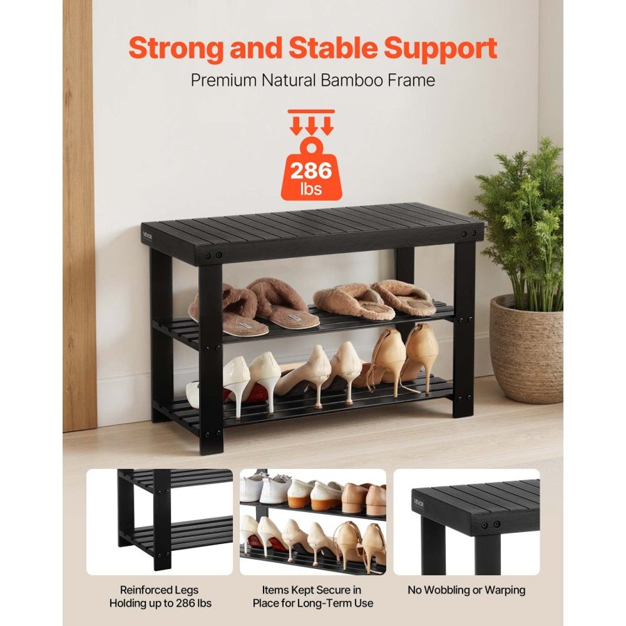 VEVOR Shoe Rack Bench, 3-Tier Bamboo Entryway Bench, Shoe Storage Organizer Holds Up to 286 lbs, 703 x 288 x 451 mm, for Front Door, Hallway, Living Room, Bedroom, Black
