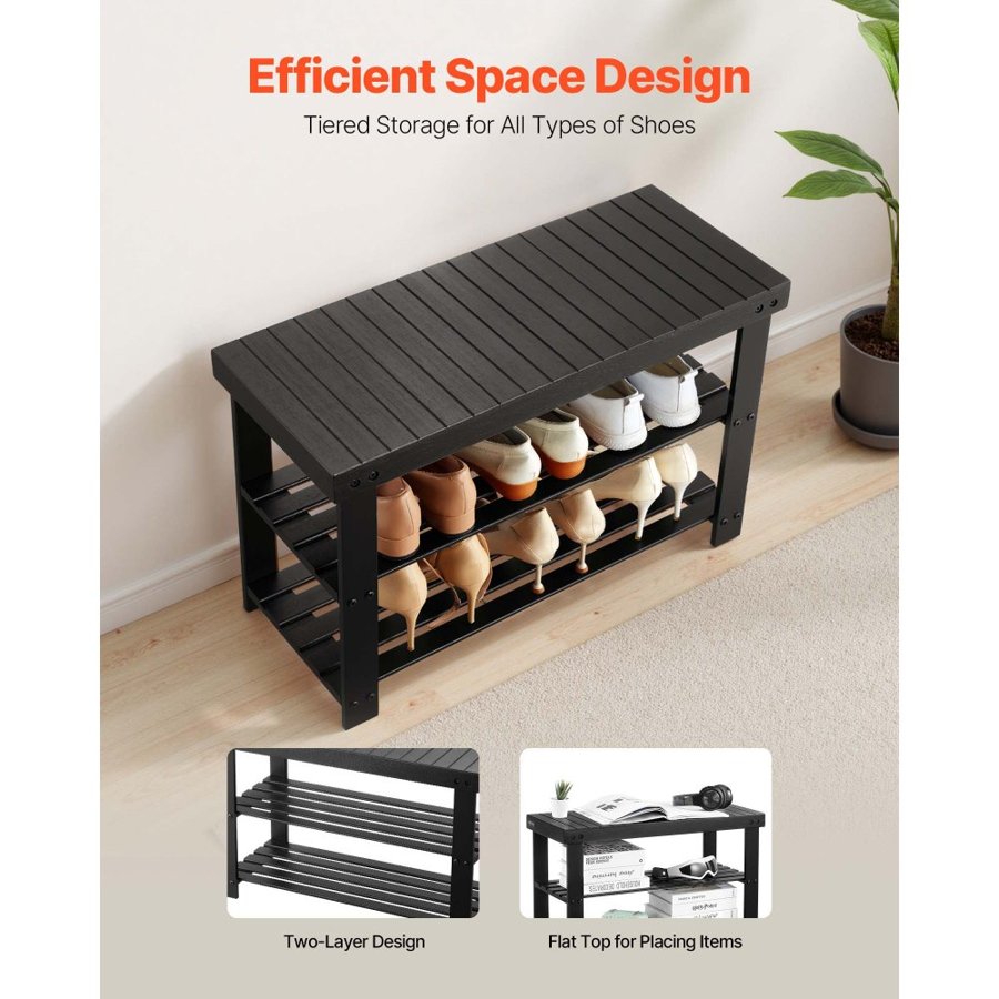 VEVOR Shoe Rack Bench, 3-Tier Bamboo Entryway Bench, Shoe Storage Organizer Holds Up to 286 lbs, 703 x 288 x 451 mm, for Front Door, Hallway, Living Room, Bedroom, Black