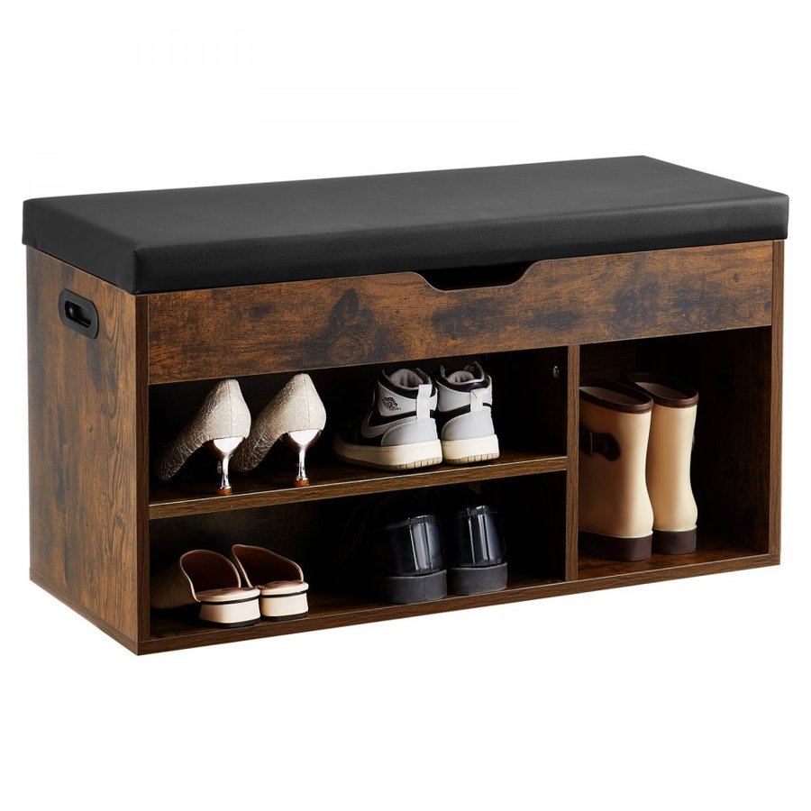 VEVOR Entryway Shoe Bench, 805 x 305 x 445 mm Shoe Storage Organizer with Hidden Lift Top Storage Space, 300lbs Bench with Cushion Seat and 3 Cabinets for Hallway, Living Room, Bedroom, Brown + Black
