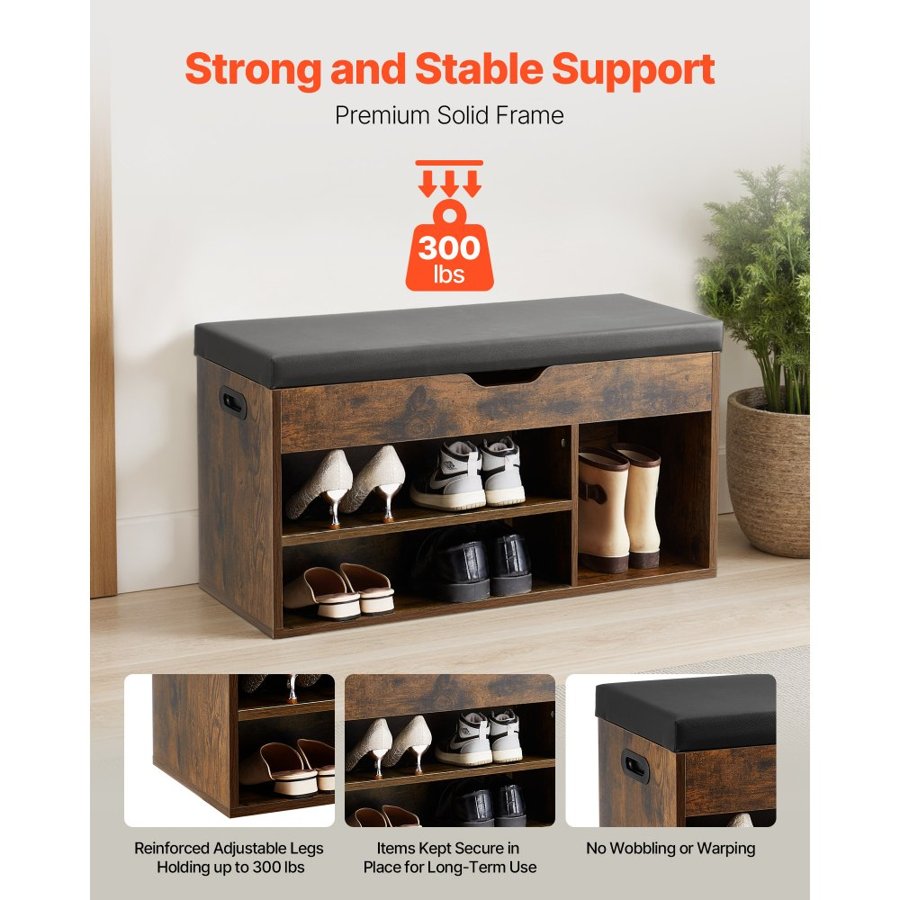 VEVOR Entryway Shoe Bench, 805 x 305 x 445 mm Shoe Storage Organizer with Hidden Lift Top Storage Space, 300lbs Bench with Cushion Seat and 3 Cabinets for Hallway, Living Room, Bedroom, Brown + Black