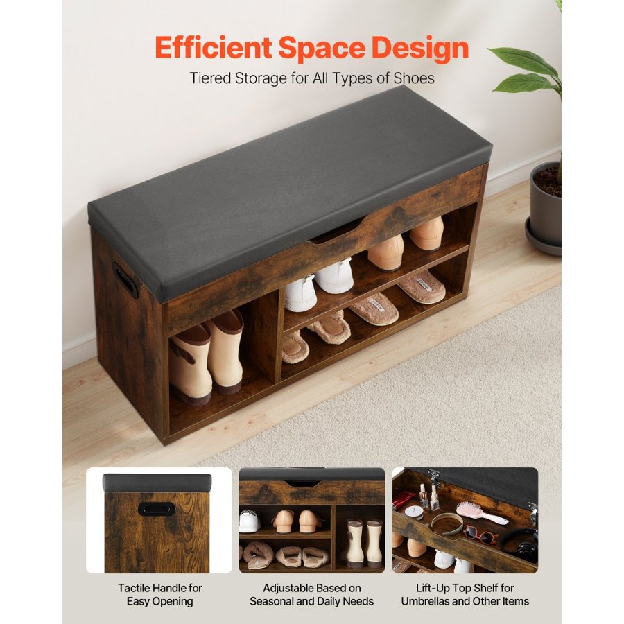 VEVOR Entryway Shoe Bench, 805 x 305 x 445 mm Shoe Storage Organizer with Hidden Lift Top Storage Space, 300lbs Bench with Cushion Seat and 3 Cabinets for Hallway, Living Room, Bedroom, Brown + Black