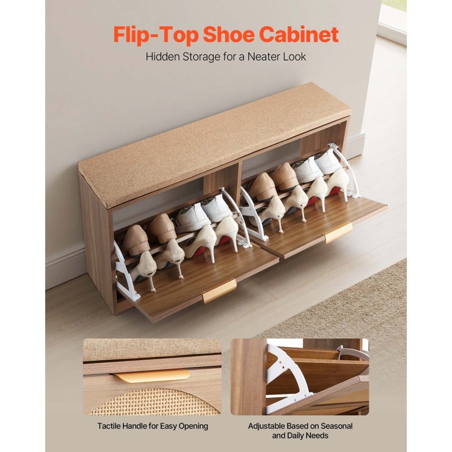 VEVOR Entryway Shoe Storage Bench 98 cm Wide 2-Tier Shoe Bench Rattan-Like, with 2 Flip Drawers, 200 kg Load Capacity Storage Rack with Padded Seat Cushion, for Hallway, Living Room, and Bedroom