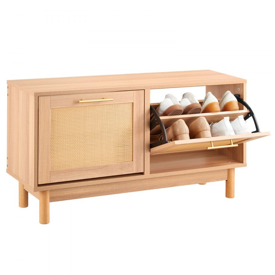 VEVOR Entryway Shoe Bench, 1000 x 300 x 530 mm Rattan-Like Shoes Bench with 2 Flip Drawers, 300lbs Shoe Storage Rack with 4 Compartments and 2 Rattan Doors, for Hallway, Living Room, Bedroom