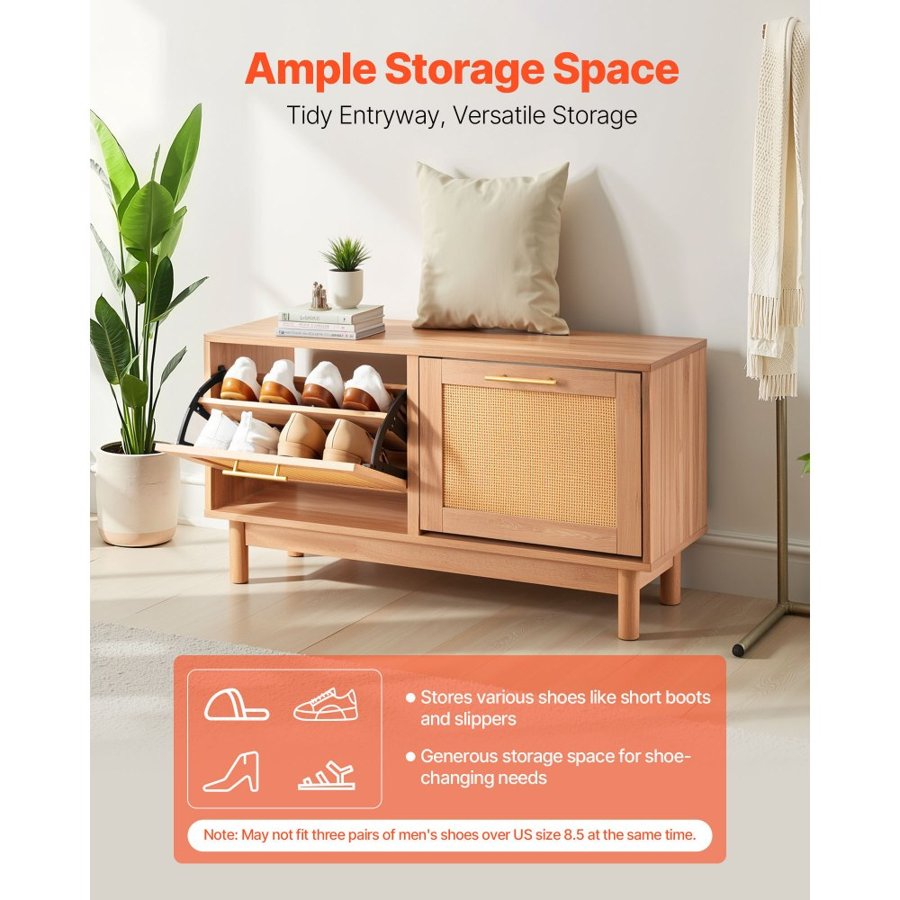 VEVOR Entryway Shoe Bench, 1000 x 300 x 530 mm Rattan-Like Shoes Bench with 2 Flip Drawers, 300lbs Shoe Storage Rack with 4 Compartments and 2 Rattan Doors, for Hallway, Living Room, Bedroom