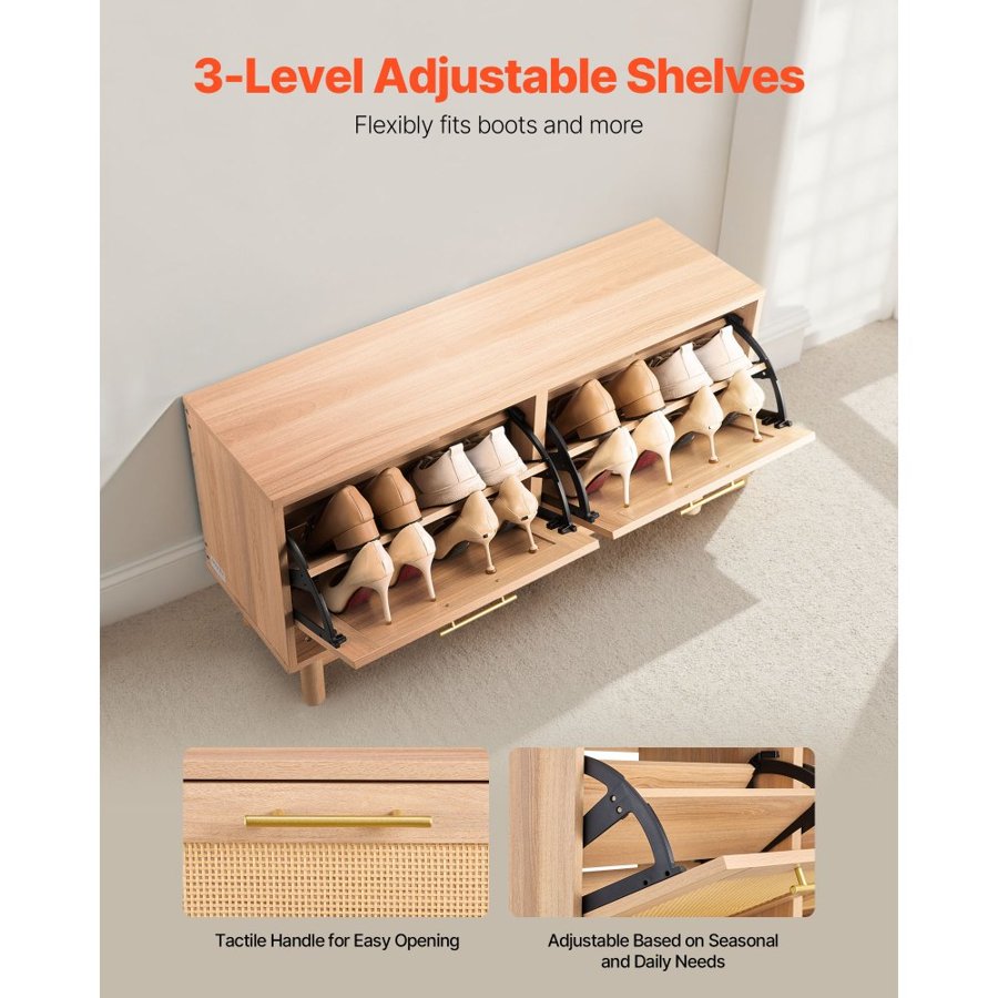 VEVOR Entryway Shoe Bench, 1000 x 300 x 530 mm Rattan-Like Shoes Bench with 2 Flip Drawers, 300lbs Shoe Storage Rack with 4 Compartments and 2 Rattan Doors, for Hallway, Living Room, Bedroom