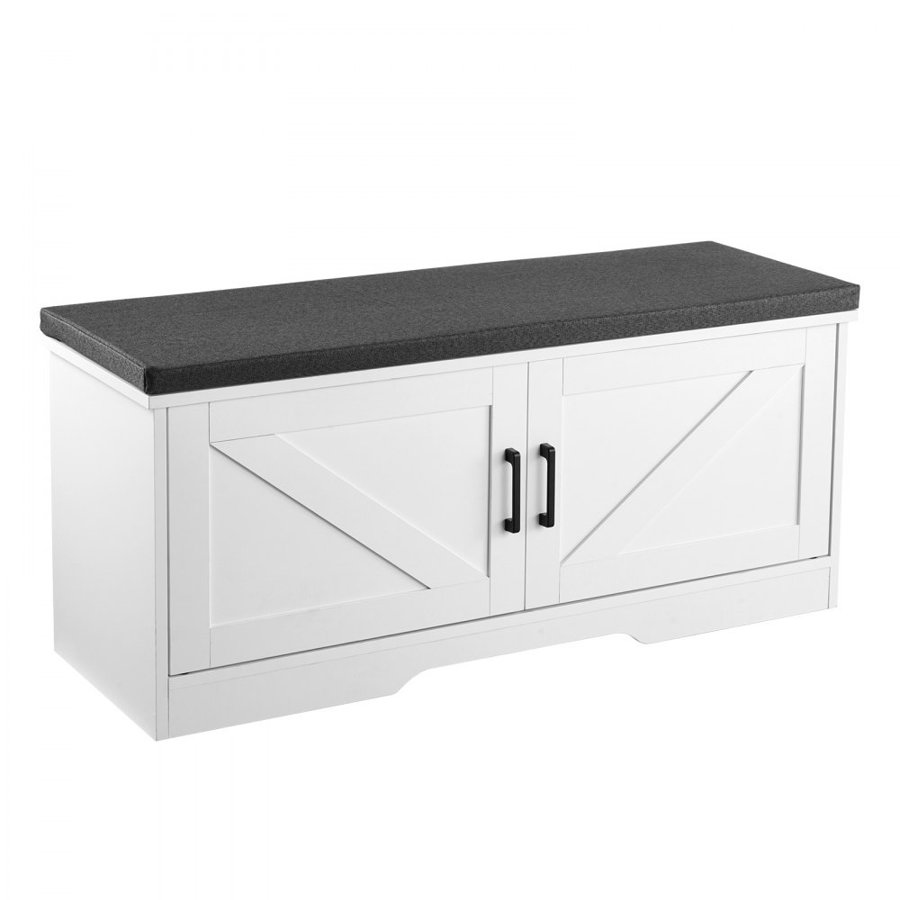 VEVOR Shoe Storage Bench, 1000 x 355 x 460 mm Shoe Organizer with Padded Seat Cushion, Entryway Bench with 2 Barn Doors and Height Adjustable Shelf, for Hallway, Living Room, Bedroom, White + Black