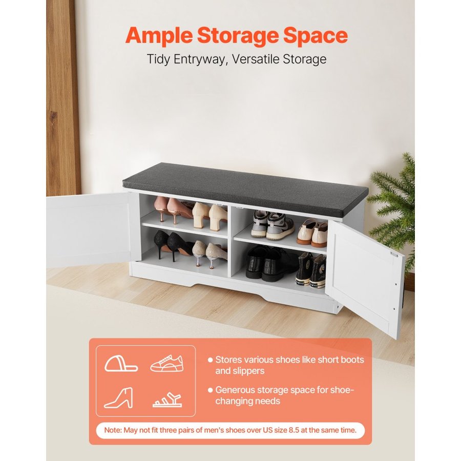 VEVOR Shoe Storage Bench, 1000 x 355 x 460 mm Shoe Organizer with Padded Seat Cushion, Entryway Bench with 2 Barn Doors and Height Adjustable Shelf, for Hallway, Living Room, Bedroom, White + Black