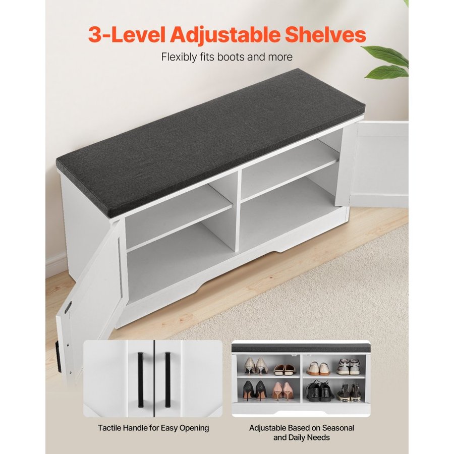 VEVOR Shoe Storage Bench, 1000 x 355 x 460 mm Shoe Organizer with Padded Seat Cushion, Entryway Bench with 2 Barn Doors and Height Adjustable Shelf, for Hallway, Living Room, Bedroom, White + Black