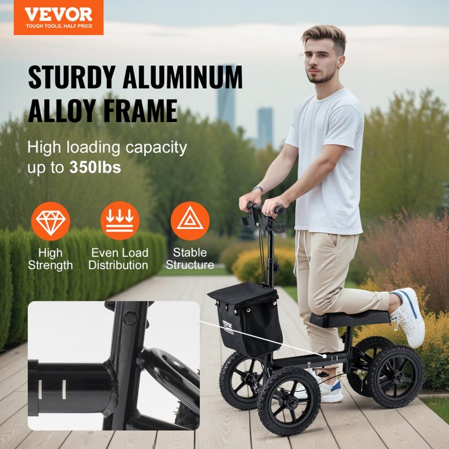 VEVOR Folding Knee Scooter, Aluminum Steerable Knee Walker with Height-Adjustable Handlebar & Knee Pad, 12" (30.5 cm) All-Terrain Wheels, Dual Brakes, Leg Recovery Scooter for Broken Ankle Foot Injuries, 350LBS/158.8 kg
