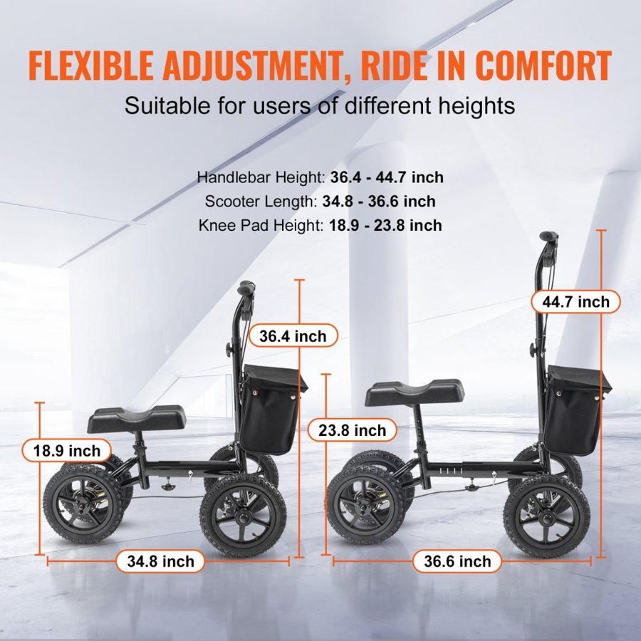 VEVOR Folding Knee Scooter, Aluminum Steerable Knee Walker with Height-Adjustable Handlebar & Knee Pad, 12" (30.5 cm) All-Terrain Wheels, Dual Brakes, Leg Recovery Scooter for Broken Ankle Foot Injuries, 350LBS/158.8 kg