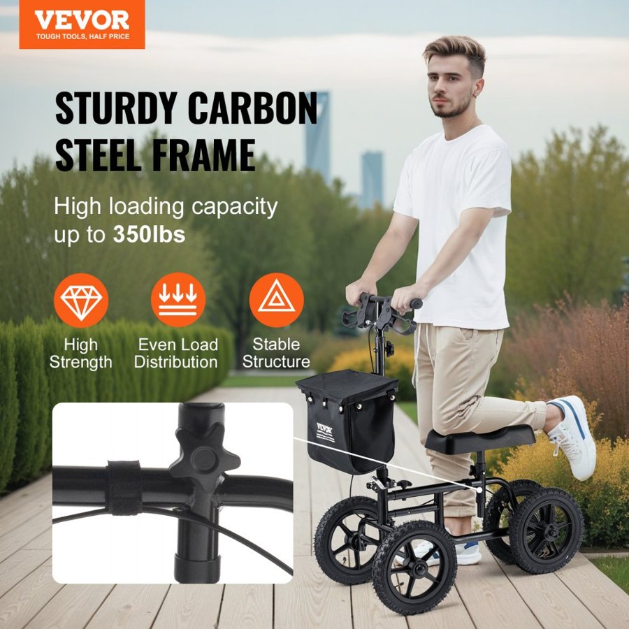 VEVOR Folding Knee Scooter, Carbon Steel Steerable Knee Walker with Height-Adjustable Handlebar & Knee Pad, 12" (30.5 cm) All-Terrain Wheel, Dual Brakes, Leg Recovery Scooter for Injured Ankle Foot Knee, 350LBS/158.8 kg