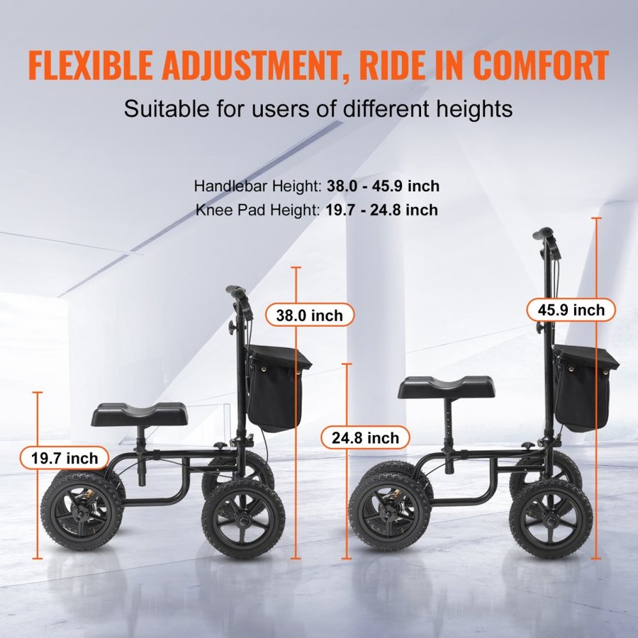 VEVOR Folding Knee Scooter, Carbon Steel Steerable Knee Walker with Height-Adjustable Handlebar & Knee Pad, 12" (30.5 cm) All-Terrain Wheel, Dual Brakes, Leg Recovery Scooter for Injured Ankle Foot Knee, 350LBS/158.8 kg
