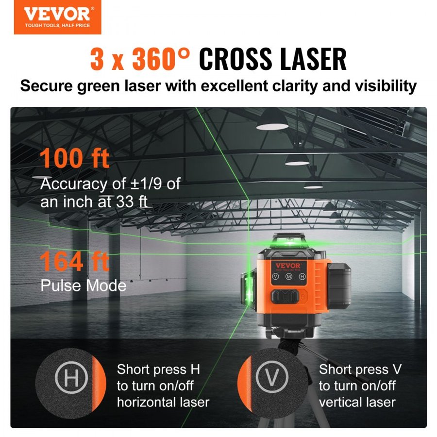 VEVOR Laser Level 3048 cm Green Cross Line Self Leveling High Accuracy Measuring