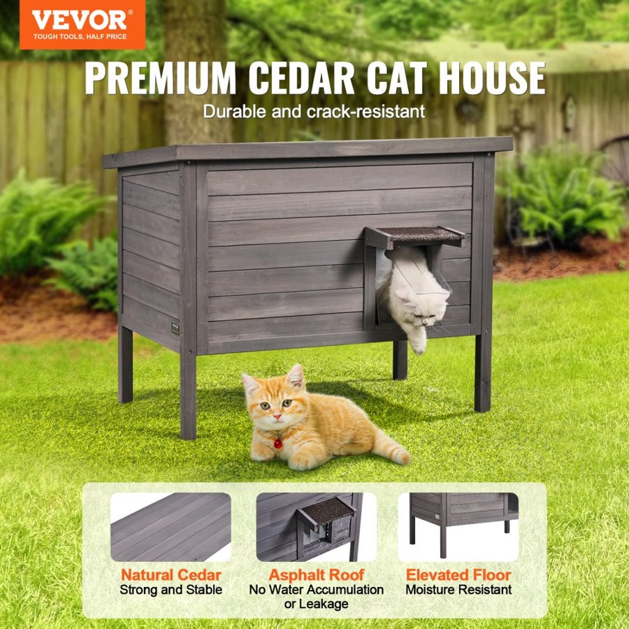 VEVOR Outdoor Cat House Weatherproof, Feral Cat Shelter for Multiple Cats, Outdoor Wooden Cat Rabbit House with All-Round Foam Insulated, Open Roof, PVC Door Flaps, 34"L x 22"W x 27"H