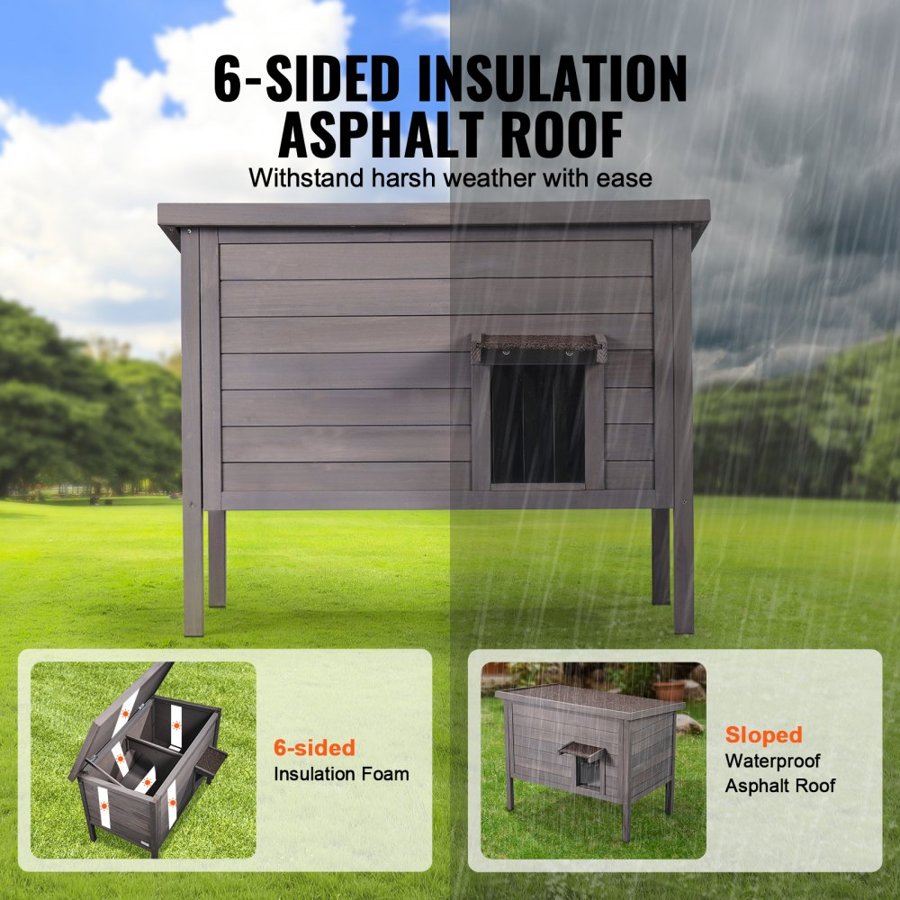 VEVOR Outdoor Cat House Weatherproof, Feral Cat Shelter for Multiple Cats, Outdoor Wooden Cat Rabbit House with All-Round Foam Insulated, Open Roof, PVC Door Flaps, 34"L x 22"W x 27"H