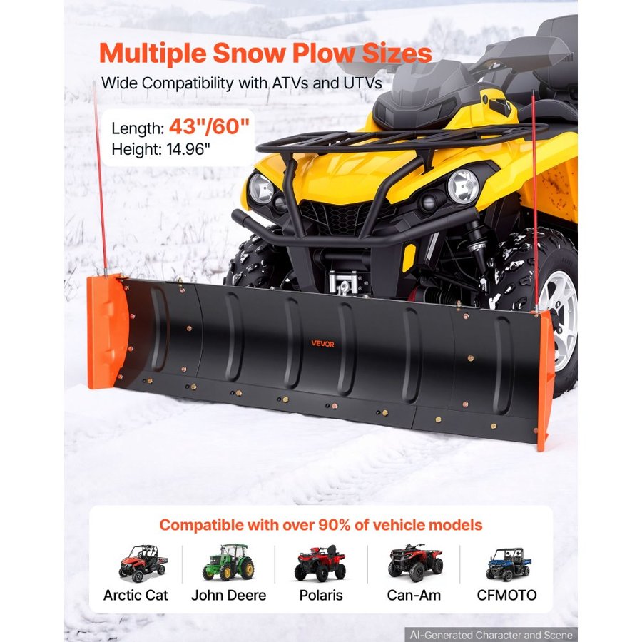 VEVOR Snow Plow Kit 1092/1524 mm Width Adjustable Plow Attachment Side Wing, for Most ATVs & UTVs, Height & Left-Right Adjustable, 3 Mount Options, Universal Steel ATV Scrape Blade, Efficient Clearing