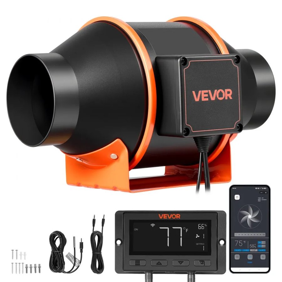 VEVOR Inline Duct Fan, 349m³/h 101.6mm EC Motor Exhaust Ventilation Fan with 10-Speed, PWM Controller, App Control, Temperature Humidity Sensor, Cooling for Grow Tent, Indoor Gardening, Hydroponics