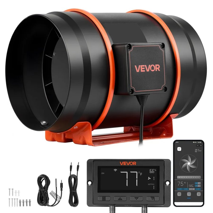 VEVOR Inline Duct Fan, 1372m³/h 203mm EC Motor Exhaust Ventilation Fan with 10-Speed, PWM Controller, App Control, Temperature Humidity Sensor, Cooling for Grow Tent, Indoor Gardening, Hydroponics