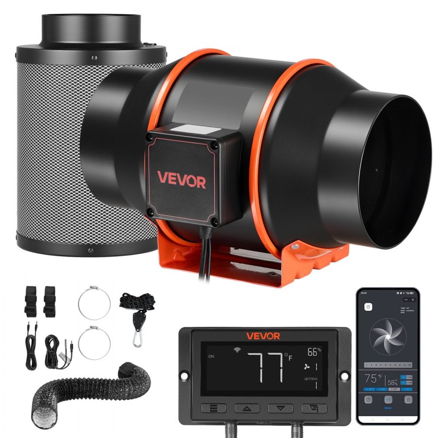 VEVOR Inline Duct Fan Kit Carbon Filter, 683 m³/h 152.4 mm EC Motor Exhaust Ventilation Fan with 10-Speed, PWM Controller, App Control, Timer, Cooling for Grow Tent, Indoor Gardening, Hydroponics