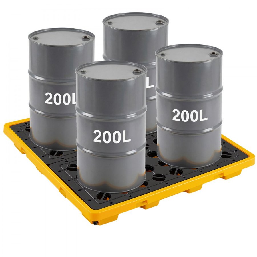 VEVOR Spill Containment Pallet, 4 Drum Low Profile Spill Containment Modular Platform, 117.4 L Sump Capacity, 4000 kg Load Capacity, Heavy-Duty Polyethylene Tray with Drain, 1305x1280x150 mm, Yellow