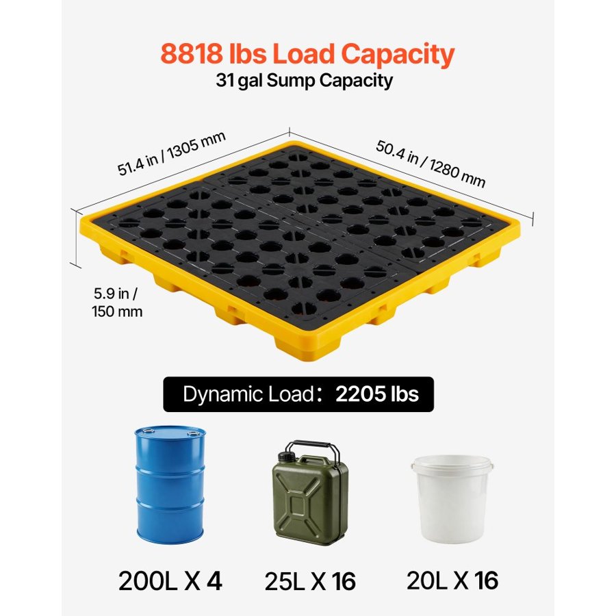 VEVOR Spill Containment Pallet, 4 Drum Low Profile Spill Containment Modular Platform, 117.4 L Sump Capacity, 4000 kg Load Capacity, Heavy-Duty Polyethylene Tray with Drain, 1305x1280x150 mm, Yellow