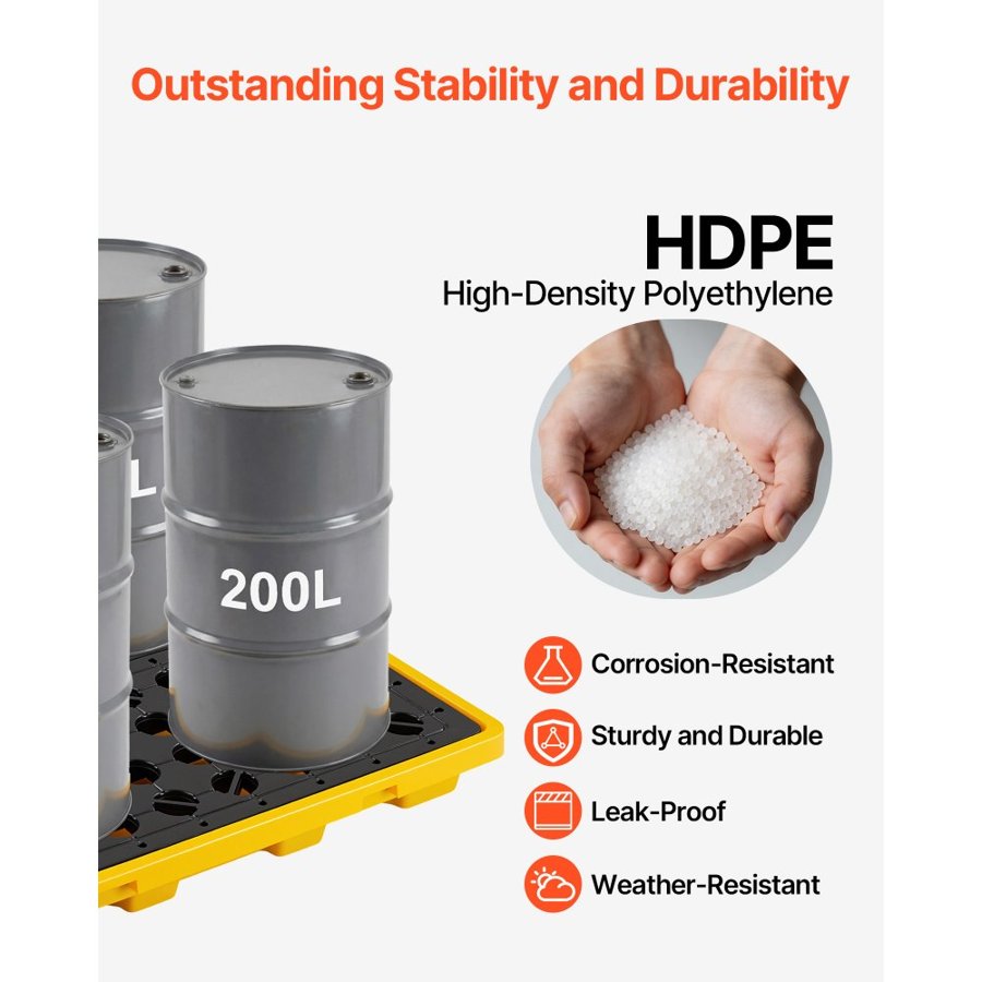 VEVOR Spill Containment Pallet, 4 Drum Low Profile Spill Containment Modular Platform, 117.4 L Sump Capacity, 4000 kg Load Capacity, Heavy-Duty Polyethylene Tray with Drain, 1305x1280x150 mm, Yellow